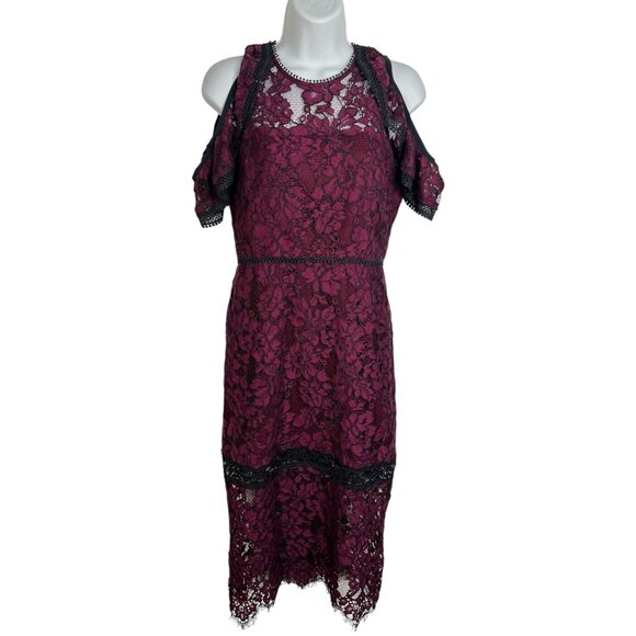 Alexis Evie Lace Sheath Burgundy Midi Dress Cold Shoulder Wine Medium - Picture 9 of 16